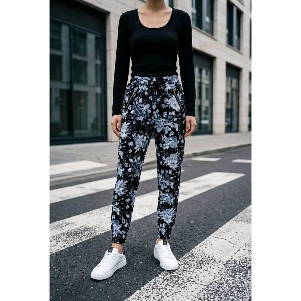 💜Indero Black w/White Floral Print Pants Small/Medium